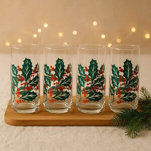 Vintage Crisa Holly Glasses Set of 4 Mid Century Christmas Holiday Tumblers